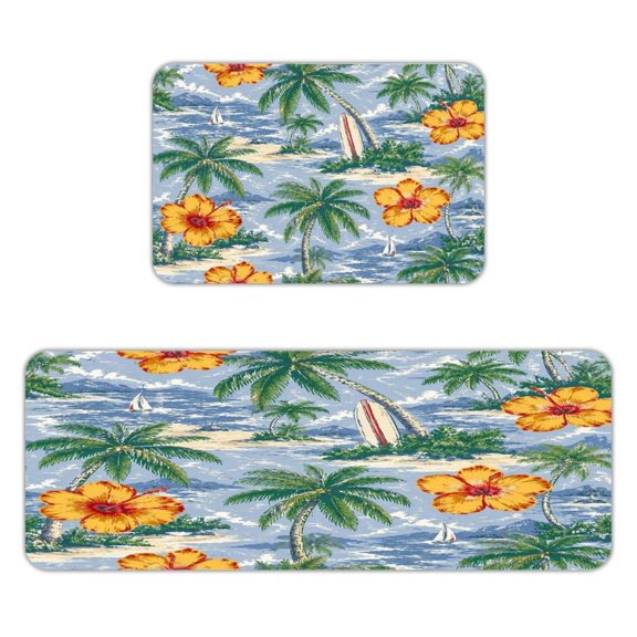 Creowell Retro Hibiscus Island Surf Pattern Kitchen Mats for Floor, Sets of 2, Soft Washable, Clear Print, Non Skid Waterproof Kitchen Rug for Sink Floor Sink Laundry Bar Office Room Home Cooks
