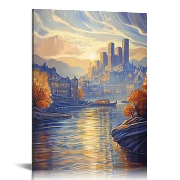 Creowell River Boat Cityscape Canvas Prints Wall Art Home Decor 12x16in