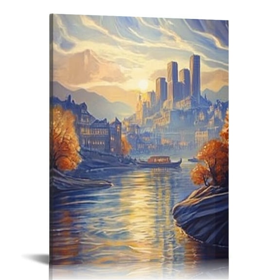 Creowell River Boat Cityscape Canvas Prints Wall Art Home Decor 16x20in