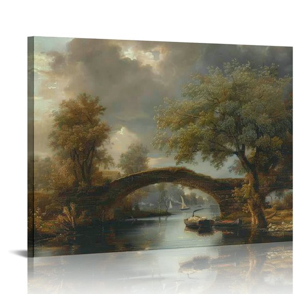 Creowell River Bridge Boat Canvas Wall Art Ready To Hang Home Decor 20x16in