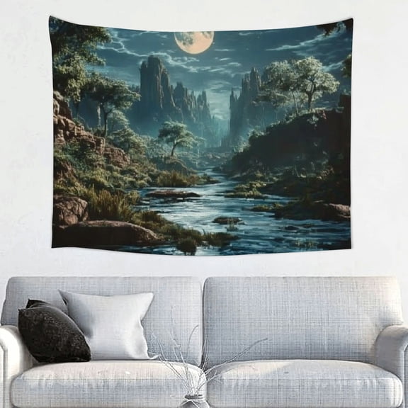 Creowell River Forest Moon Tapestry Wall Hanging for Home Decoration 40x30in