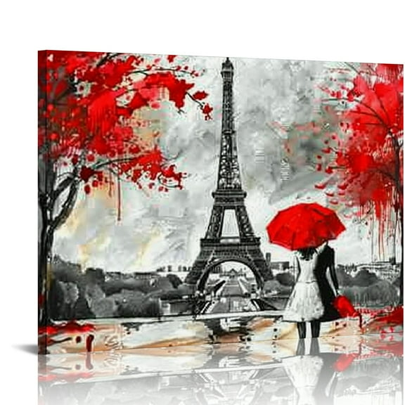 Creowell  Romantic Couple Walking in The Rain Eiffel Tower  Canvas Black and White Painting Wall Art Poster Modern Home Decor for Living Room Bedroom Framed Ready to Hang 20x16 in/16x12 in