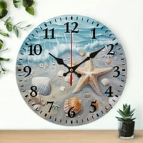 Creowell Round Wooden Wall Clock Beach Shell Starfish Print 10 Inch 10x10in