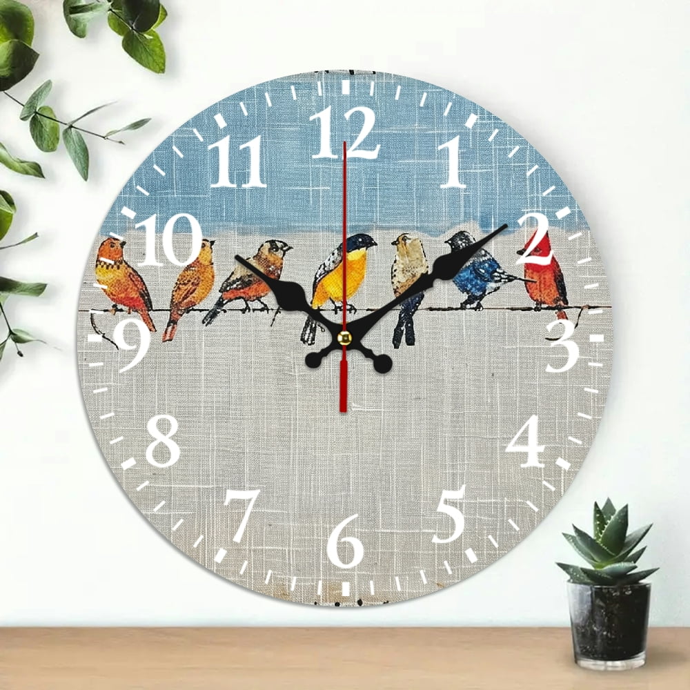 Creowell Round Wooden Wall Clock Birds Folk Art Print 10 Inch 10x10in ...