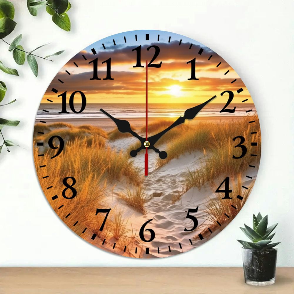 Creowell Round Wooden Wall Clock Sunset Grass Sand Dunes Print 10 Inch ...