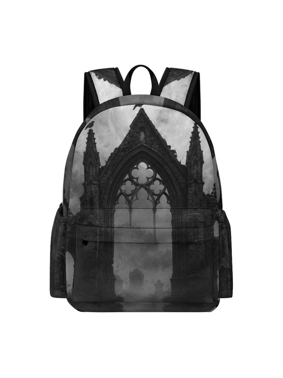 Ruined Church Cemetery Raven Full Moon Fog Black White Wall Art Printed Oxford Backpack, Large Capacity Laptop Backpack, Water Resistant, Travel Daypack for College Work Commuting Adults,