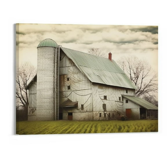 Creowell Rustic Farm Canvas Wall Art Vintage Farmhouse Barn Straw Bales on Farmland Landscape Artwork for Country Kitchen Bedroom Decoration Ready to Hang (20x16in)