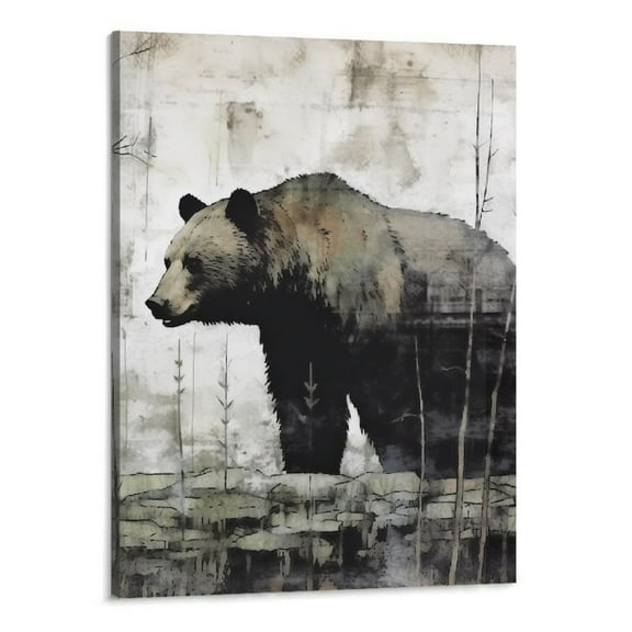 Creowell Rustic Wildlife Wall Art Black Bear Wall Decor Cabin Bathroom Woodland Nursery Decor Mountain Animal Canvas Pictures for Living Room Painting Bedroom Lodge Home Decorations 16x20 Inch