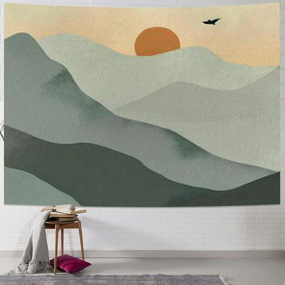 Creowell Sage Green Mountain Tapestry Sun Landscape Wall Hanging Art Mid Century Terracotta Sunset Tapestries Minimalist Aesthetic Decor for Bedroom Living Room College Dorm, Painting