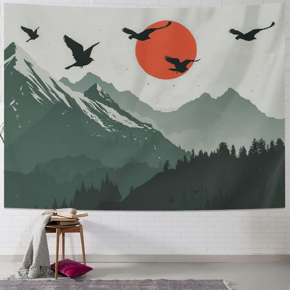Creowell Sage Green Mountain Tapestry Sun Landscape Tapestry Wall