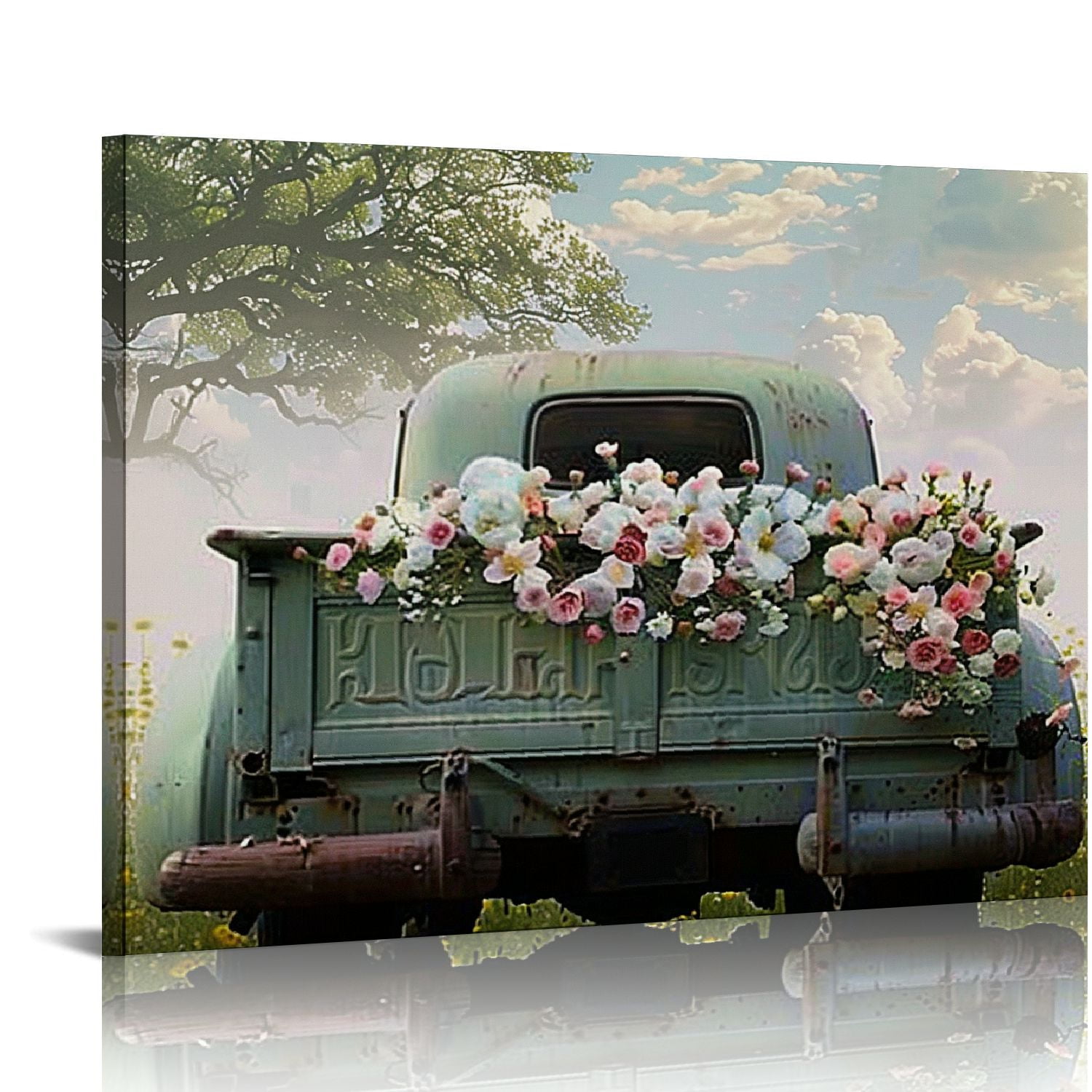 Creowell Sage Green Truck and Flowers Poster - Vintage Farmhouse