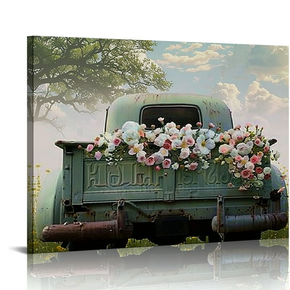 Creowell Sage Green Truck and Flowers Poster - Vintage Farmhouse Wall Art Print for Tranquil Home Decor, Rustic Country Vibes, Perfect Gift Idea 20x16in