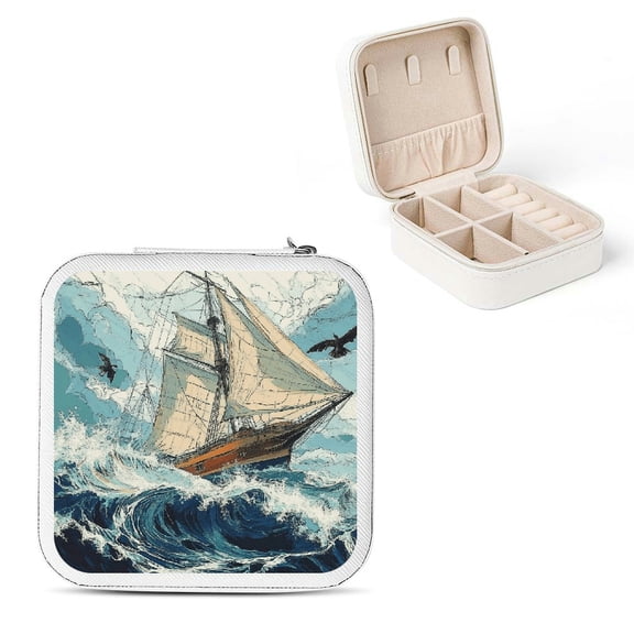 Creowell Sailboat Rough Seas Bird Jewelry Box Organizer for Necklace, Ring, Earring - Travel Size Compact Case with Zipper Closure White