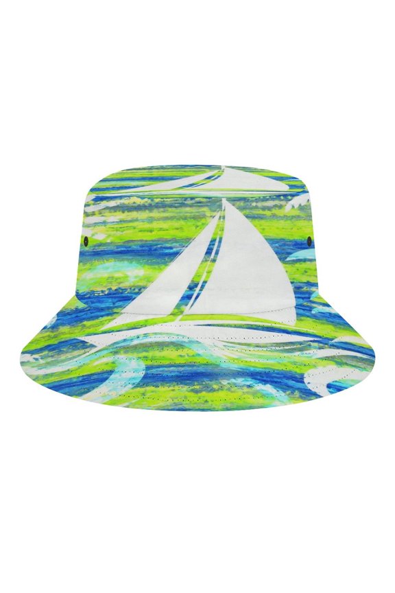 Sailboat Wave Palm Silhouette Pattern Bucket Hat, Soft, Printed, Packable Fisherman Sun Hat for Beach Travel Hiking Vacation, Sun Hat for Women Men,