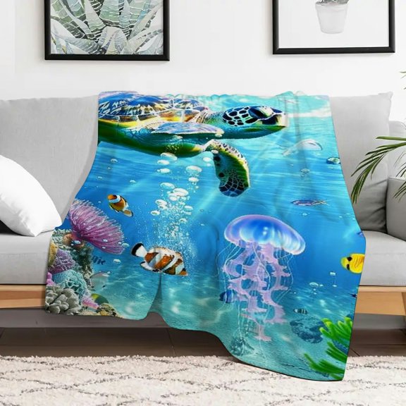 Creowell Sea Turtle Fish Jellyfish Warm Cozy Decorative Blanket Flannel Durable Soft and Warm Blanket Home Leisure Multifunctional for Sofa Travel Camping Bed Chair Multi-purpose Gift Blanket