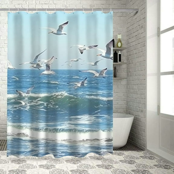 Creowell Seagulls Waves Boat Pretty Shower Curtain 100% Polyester Fiber Bathroom Decoration with Hooks 36x72