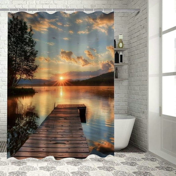 Creowell Seascape Shower Curtain, Shore of Seventh Lake Tree Sunbeam at Sunset Water Reflection Tranquility, Cloth Fabric Bathroom Decor Set with Hooks, Brown Peach White