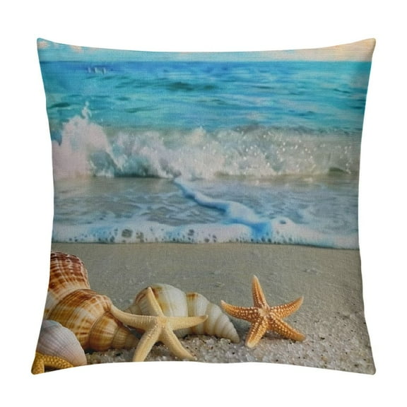 Creowell Seashell Starfish Beach Themed Pattern Throw Pillow Case Hawaiia Tropical Sea Waves Blue Sky and Seaside Scene Pillow Cushion Cover Home Sofa Decorative (Cushion Cover) White