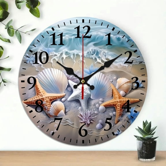 Creowell Seashells Starfish Beach Wall Clock 10 Inch Frameless Decor 10x10in
