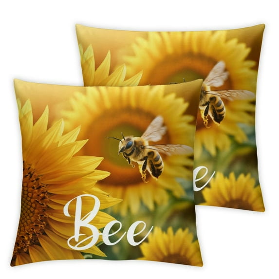 Creowell Set of 2 Throw Pillow Covers Cute Bee with Honey Rustic Sunflowers Wreath Floral Design Square Pillowcase for Home Decor Sofa Car Bedroom Pillow case White