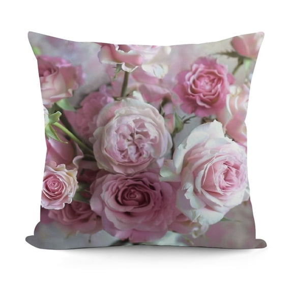 Creowell Shabby Chic Throw Pillow Covers, Floral Decorative Cushion Flower Pillow Cases 18 x 18 Inch, Pink Rose Pillow Cases for for Summer Spring Wedding