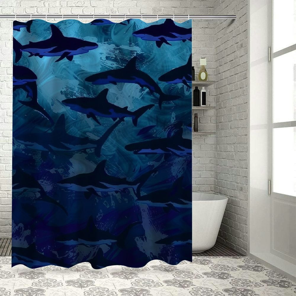 Creowell Shark Shower CurtainCartoon Fish Bathroom Decor Ocean Blue