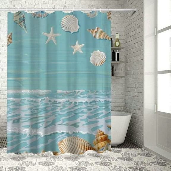 Creowell Shell Shower Curtain, Thin Lines and Various Creative Seashells Beach Party Theme, Cloth Fabric Bathroom Decor Set with Hooks, Seafoam Warm Taupe Grey Yellow White
