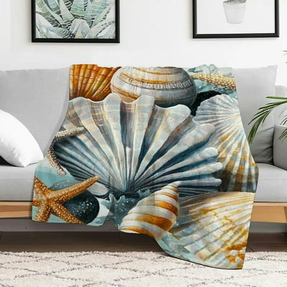 Creowell Shells Starfish Ocean Durable Soft and Warm Flannel Blanket Lightweight Blanket Home Leisure Multifunctional Gift Blanket for Sofas Travel Camping Beds Chairs 50x60in
