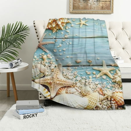 Creowell Shells Starfish Ocean Print Flannel Throw Blanket, Super Soft Blanket for All Seasons, Hand/Machine Wash 40x50in