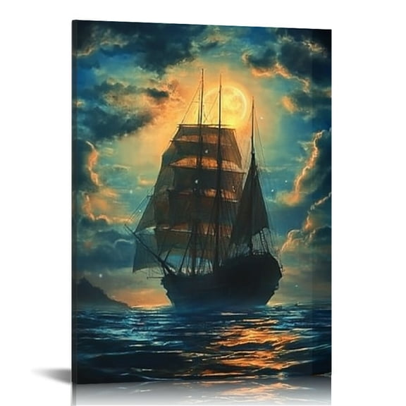 Creowell Ship Ocean Full Moon Canvas Art Wall Decor for Home 12x16in