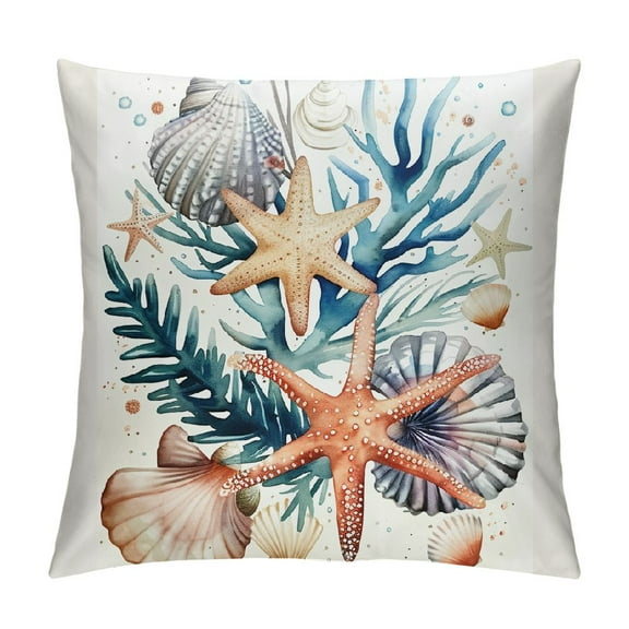 Creowell Short Plush Pillow Covers Coastal Throw Pillows, Shell Starfish Coral Conch Outdoor Pillowcase Cushion Case Decor for Home Sofa Couch Bed Pillowcase White