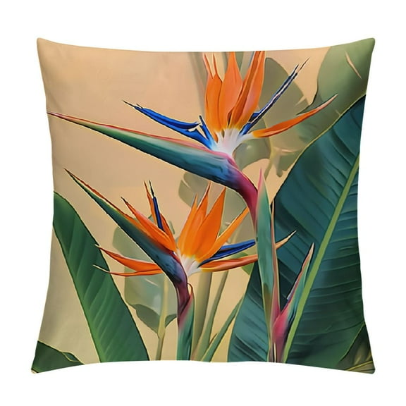 Creowell Short Plush Pillow Covers Tropical Flower Throw Pillows , Bird of Paradise Outdoor Pillowcase Hawaii Themed Green Palm Leaf Cushion Case Decor for Home Sofa Couch Bed