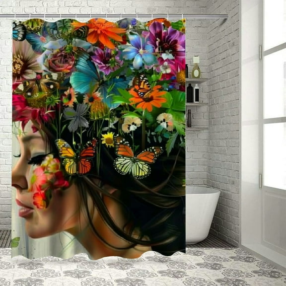 Creowell Shower Curtain Afro African American, Black Girls Shower Curtain, Flowers Shower Curtains for Bathroom Decor, Waterproof Fabric Polyester Modern Shower Curtain Set with Hooks White