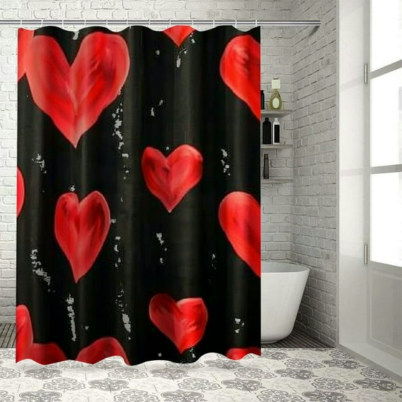 Creowell Shower Curtain Black and Red Hearts Waterproof Machine Washable Fabric Bathroom Decor Bath Curtains with Hooks White