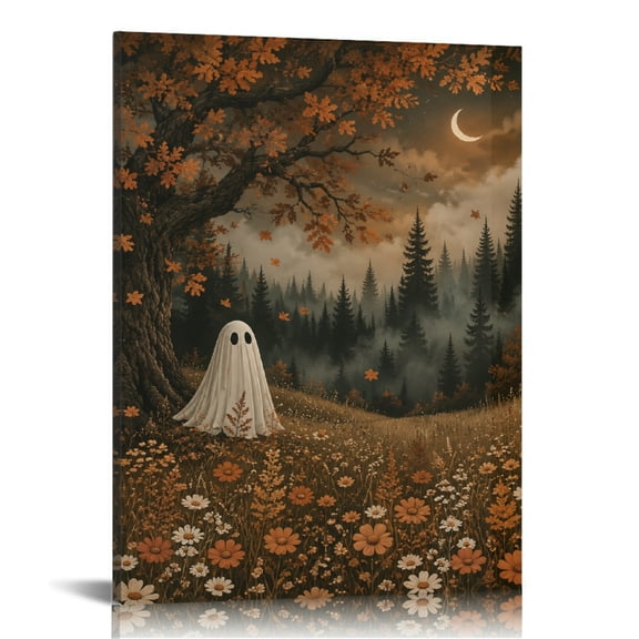 Creowell Single Ghost Under Autumn Oak Tree Wildflower Field Crescent Moon Canvas Wall Art, Wall Art, Wall Art Decor Home Furnishing