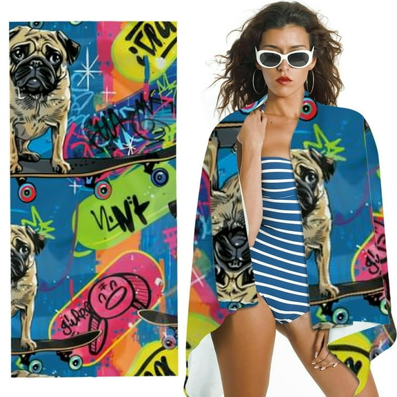 Creowell Skateboard Graffiti Pugs Print Beach Towel, Large Microfiber 30x60in