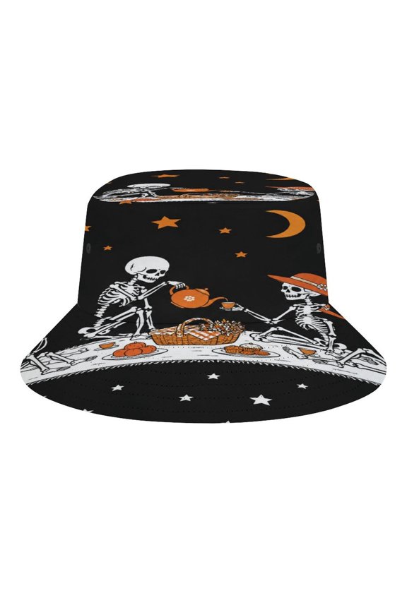 Skeleton Family Picnic Crescent Moon Starry Background Bucket Hat, Soft, Printed, Packable Fisherman Sun Hat for Beach Travel Hiking Vacation, Sun Hat for Women Men, One Size