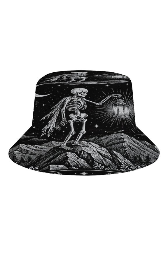 Skeleton Lantern Mountain Crescent Moon Black White Wall Art Bucket Hat, Soft, Printed, Packable Fisherman Sun Hat for Beach Travel Hiking Vacation, Sun Hat for Women Men, One Size