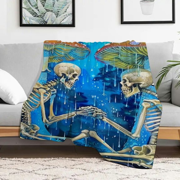 Creowell Skeletons Mushroom Rain Durable Soft and Warm Flannel Blanket, Home Leisure Lightweight Multifunctional Blanket for Sofa, Travel, Camping, Bed, Chair, All Season Gift Blanket 30x40in