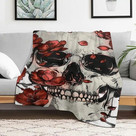 Creowell Skull Red Flowers Grunge Aesthetic Durable Soft and Warm Flannel Blanket Multi-functional for Sofa Travel Camping Bed Chair All Season Gift Blanket 50x60in