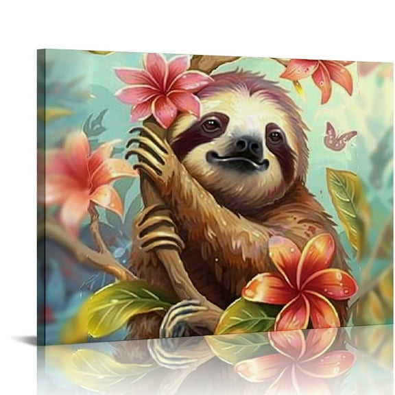 Creowell Sloth Flower Canvas Print Wall Art Ready To Hang Home Decor 16x12in