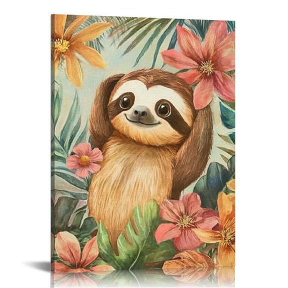 Creowell Sloth Flowers Print Canvas Wall Decor for Home Office 12x16in