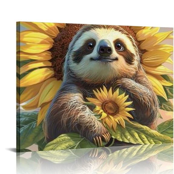 Creowell Sloth Sunflower Furry Art Print Canvas Wall Decor 20x16in