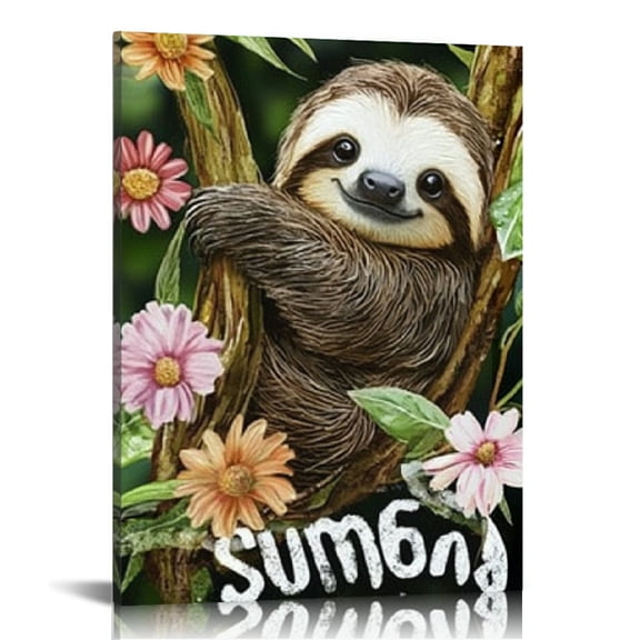 Creowell Sloth Tree Branch Flowers Wall Art Decor for Bedroom Kitchen Living Room Office, Ready to Hang Home Decor 12x16in