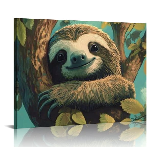 Creowell Sloth Tree Smile Canvas Wall Art Ready To Hang Home Decor 16x12in