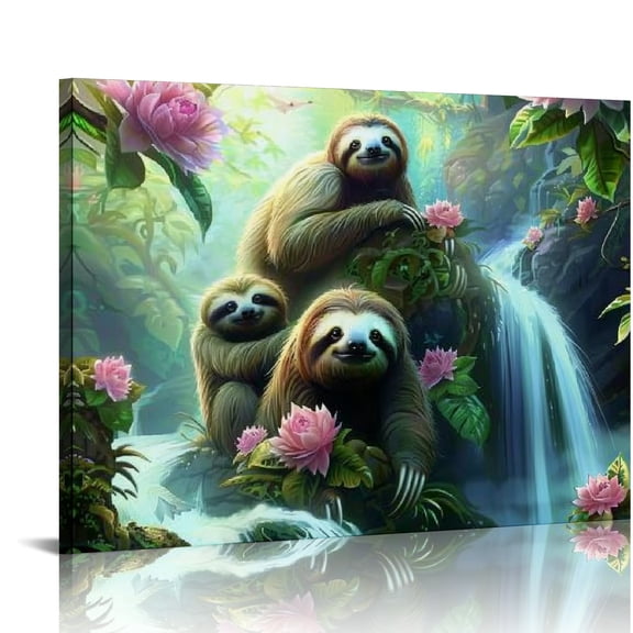 Creowell Sloths Forest Waterfall Canvas Prints Wall Art Decor 16x12in