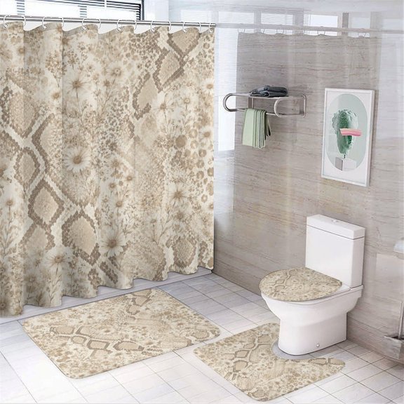 Creowell Snake Skin Daisy Vintage Pattern Shower Curtain Set 4 Piece with Soft Bathroom Rugs, Carpet, Toilet Seat Cover Pad and Anti-slip U-shaped Pad,