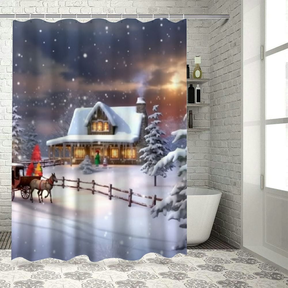 Creowell Snow Christmas Tree House Print Shower Curtain 100 Polyester