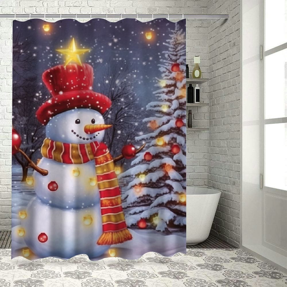 Creowell Snowman Christmas Tree Print Shower Curtain, Festive Holiday