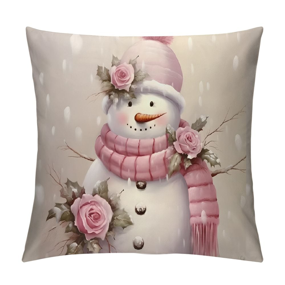 Creowell Snowman Pink Hat Pink Rose Bouquet Modern Farmhouse Rustic
